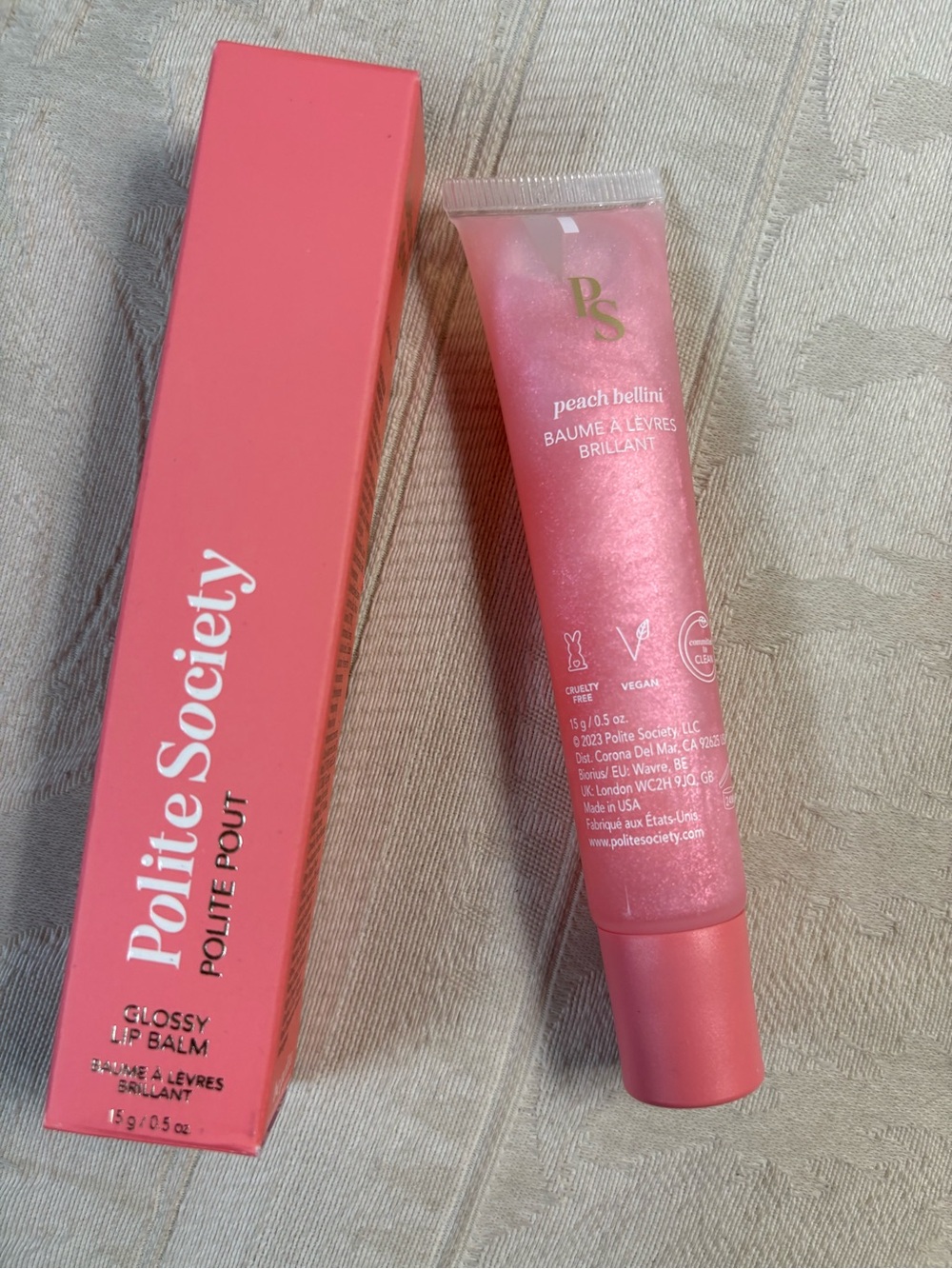 Polite Society Polite Pout Tinted Lip Balm Lipgloss in Peach Bellini BNIB